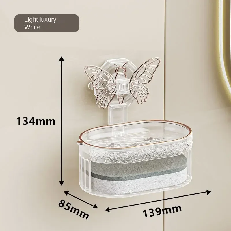 Suction Cup Soap Holder with Butterfly Design Double Layer Soap Box with Sponge and Drainage No Drilling Soap Storage Shelf