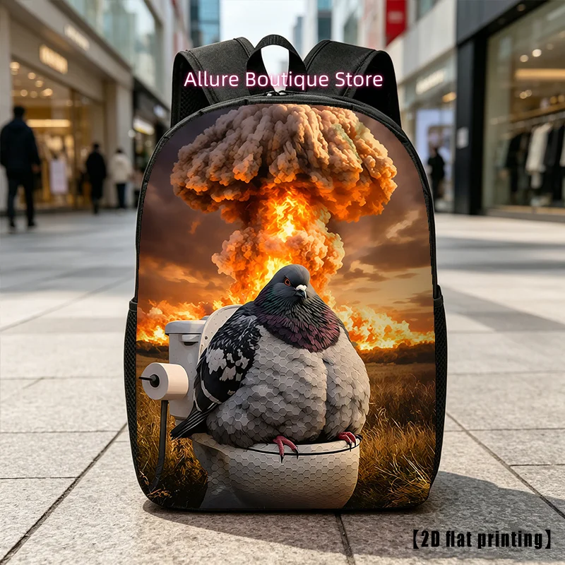 Printed Design – Not Textured 2D Flat Printing: Pigeon on Toilet with Explosion Behind, Casual Backpack, Travel Laptop Backpack,