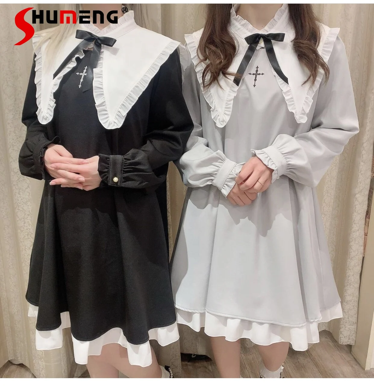 

Sweet Cross Embroidered Detachable Collar Dress Ladies 2023 Fall New Cute Solid Color Long Sleeve Mid-length Dresses for Women