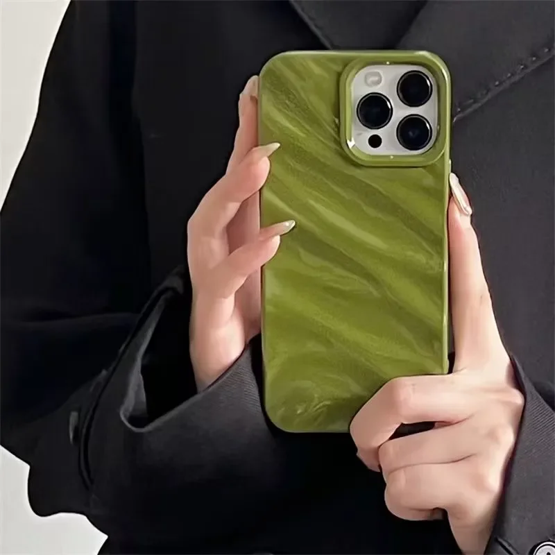 Ins Caramel Pleats Case Compatible For IPhone 16 15 11 13 14 12 Pro Max 7 8 Plus SE 2020 3D Wavy Grain Simple Solid Color Cover