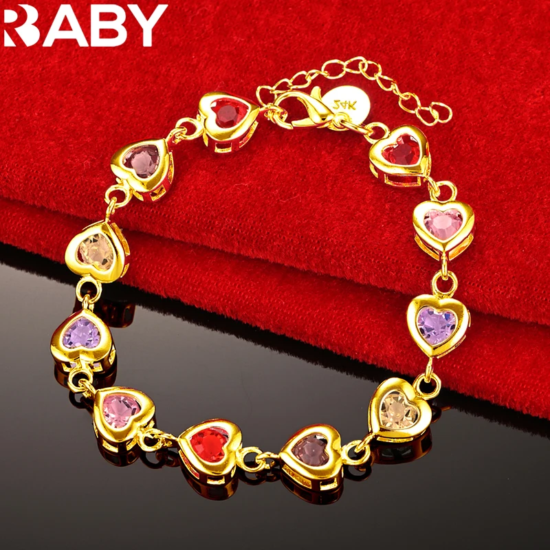 URBABY 18K Gold Rainbow Multicolour Crystal Heart Chain Bracelet For Women Wedding Fashion Charm Jewelry Valentine's Day gift