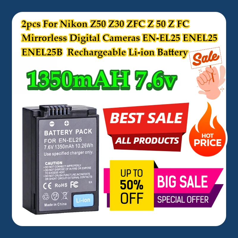 

2pcs For Nikon Z50 Z30 ZFC Z 50 Z FC Mirrorless Digital Cameras EN-EL25 ENEL25 ENEL25B 1350mAH Rechargeable Li-ion Battery