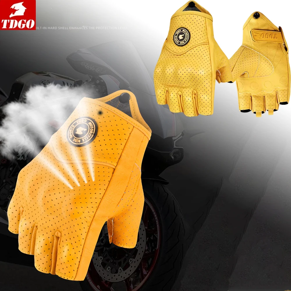 

Retro Yellow Leather Motorcycle Half Finger Gloves Touchscreen Motocross Gloves Hard Shell Protection Motorbike Glove Breathable
