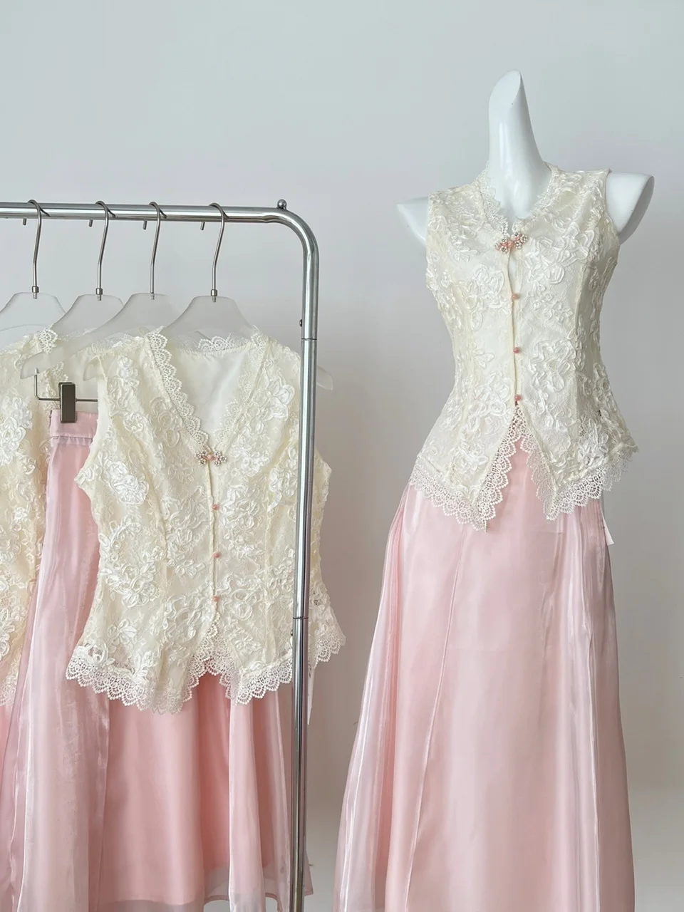 

New Chinese Sle Women's Summer Faion Set Heavy Embroidery Lace Trimmed Slim Fit Top with iny f Skirt Two-Piece Set