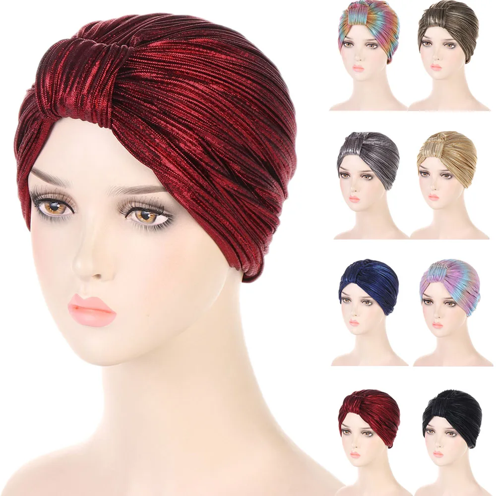 Bonnet Hijab Musulman à Paillettes Brillantes pour Femme, Turban Noué, Bonnet Chimio Plissé, Perte de Cheveux, Sauna, Couvre-Tête Ronde, Bandana