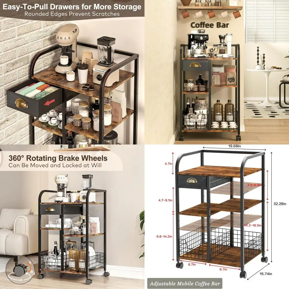 

Portable Coffee Station with Drawer and Casters, 4-Tier Wood Serving Cart for Home