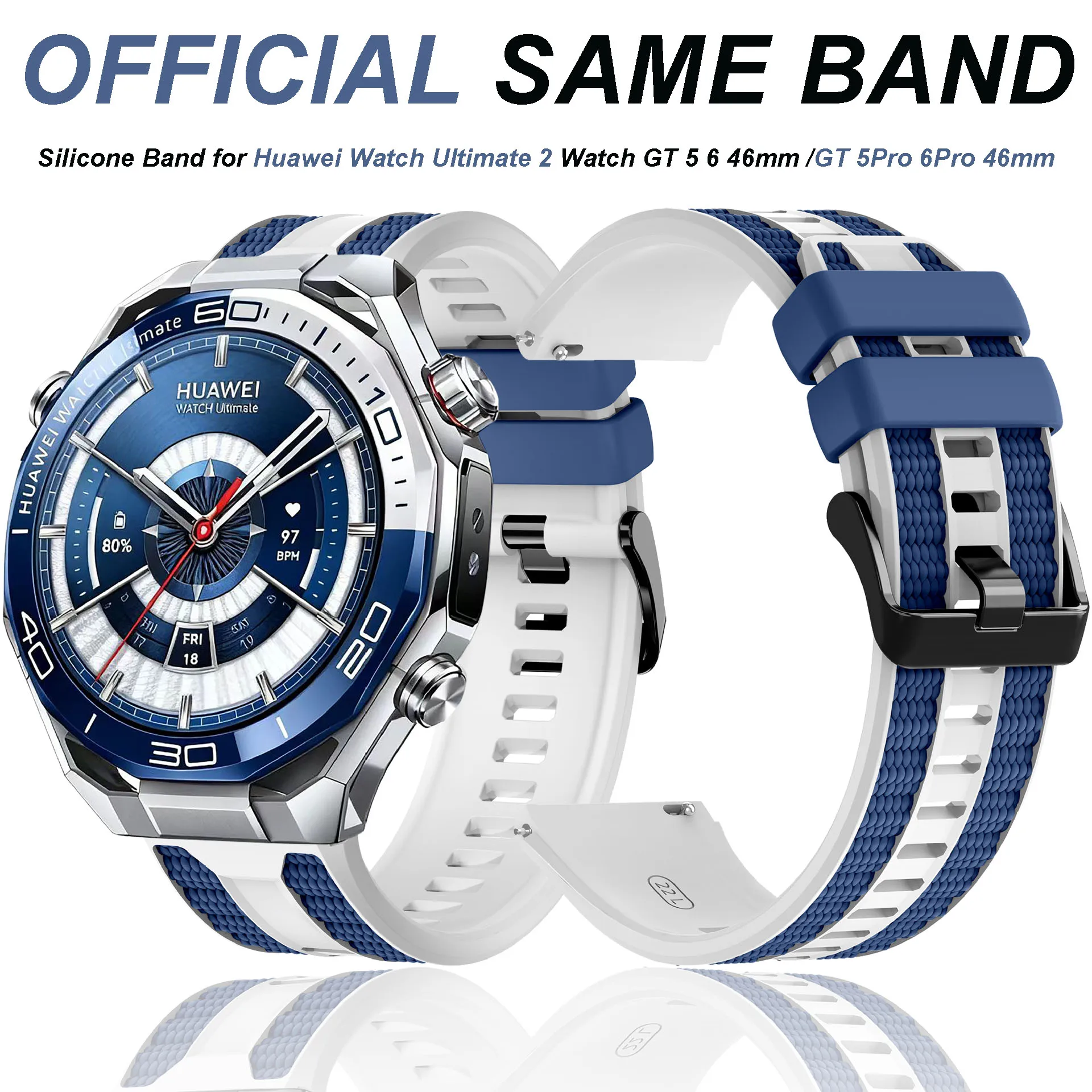 

Dual-Color Official Silicone Band for Huawei Watch Ultimate 2 Breathable Soft 22mm Watchband for Huawei Watch 5 46mm GT 5 6 46mm