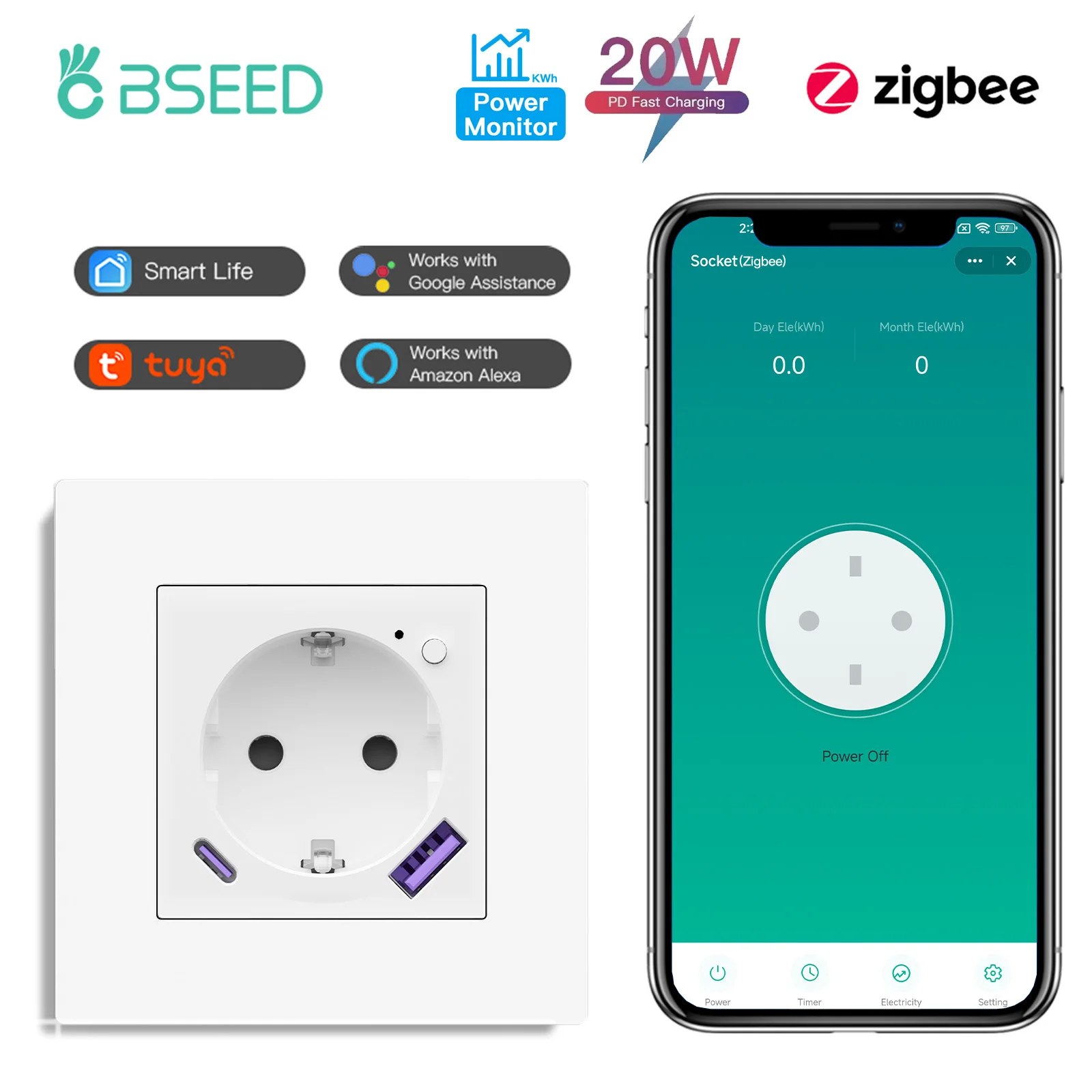 BSEED Smart Socket Zigbee E-Series 86mm Smart Power Monitor Sockets 16A USB Type-C Fast Charging For Tuya Google Alexa Alice - view 3