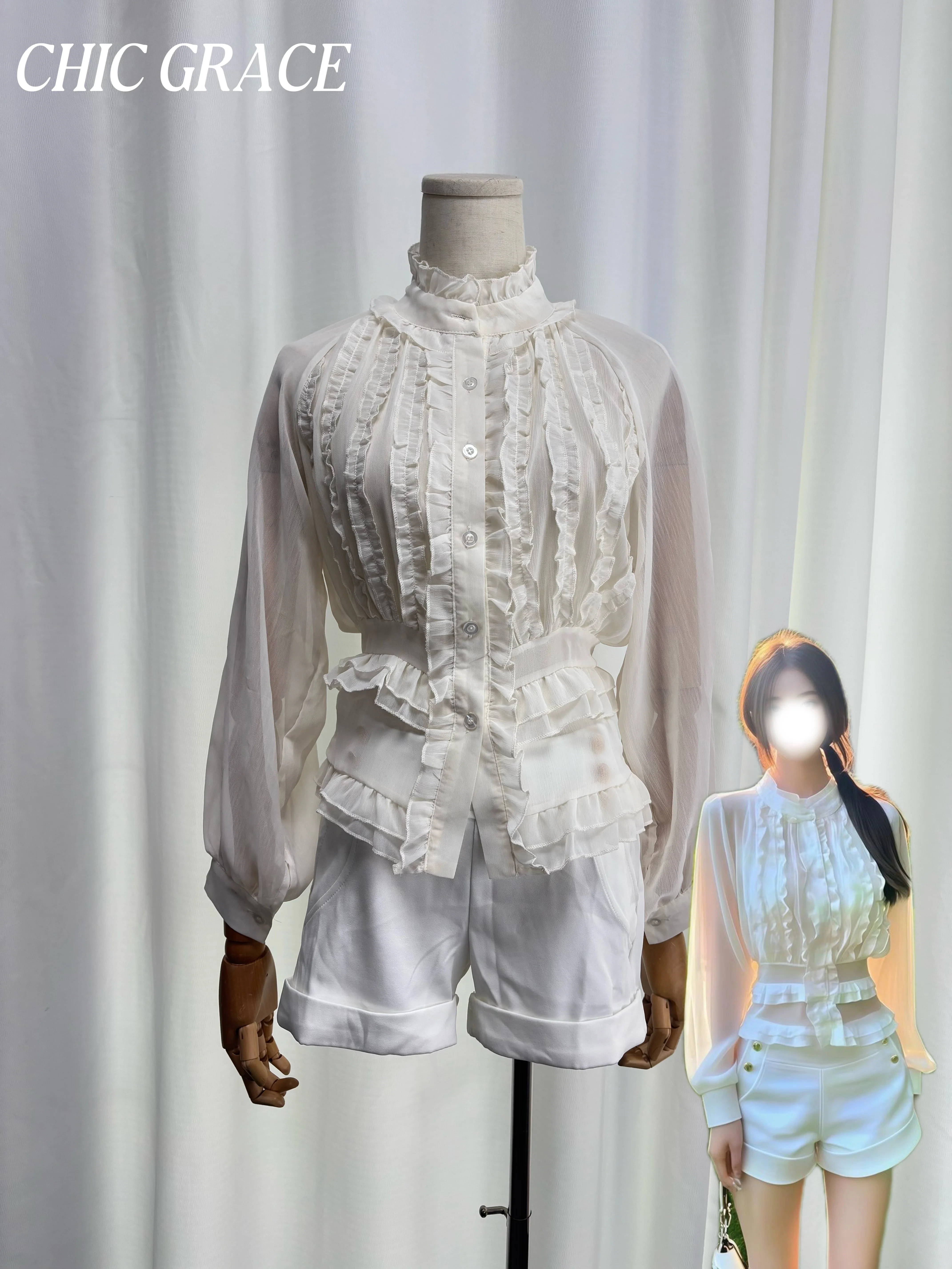 

Real Shot 2026 Fall French Style Ruffle Blouse & Shorts 2-Piece Set, Elegant Long Sleeve Chiffon Crop Top High Waist Short Outfi