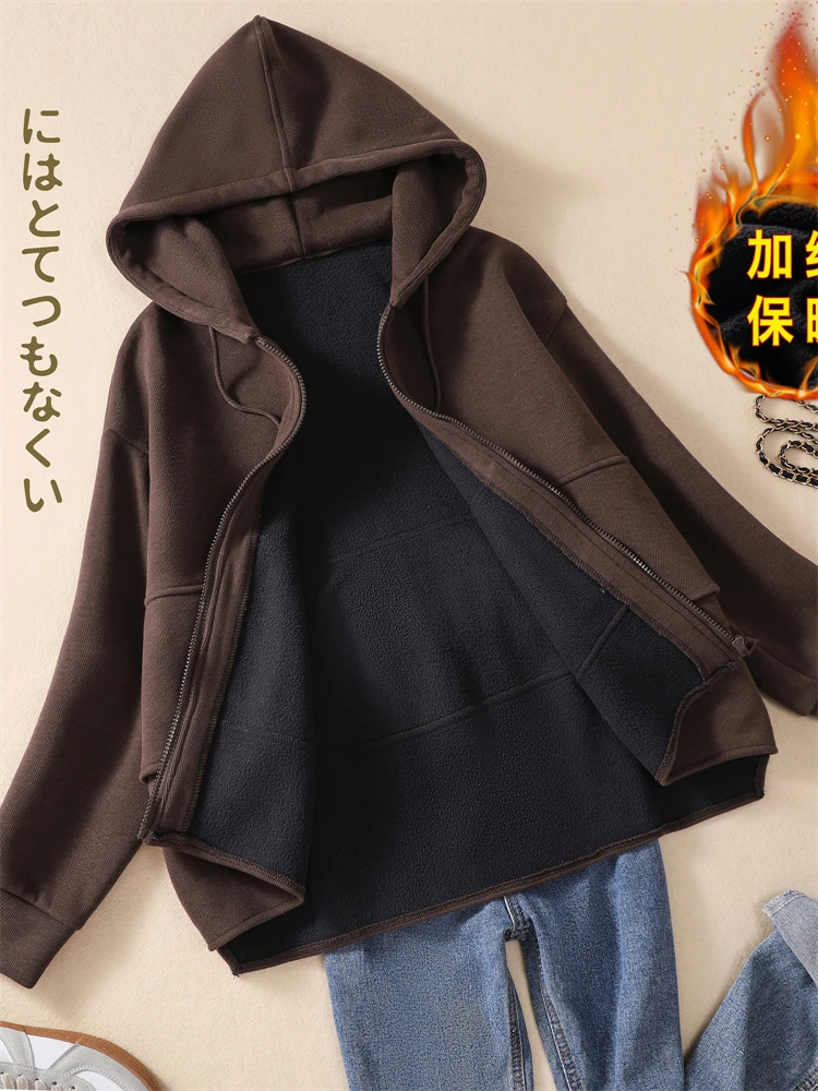 Winter Thicken Warm Hooded Sweatshirt Women's Solid Color Simple Casual Loose Short Version Coats Korea Style Jacket Female Tops