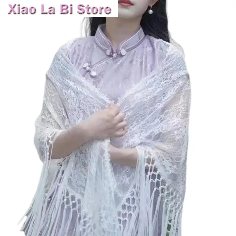 

XXFD Draping Scarf Tassels Shoulder Wrap Lace Flower Shawl for Chinese Cheongsams