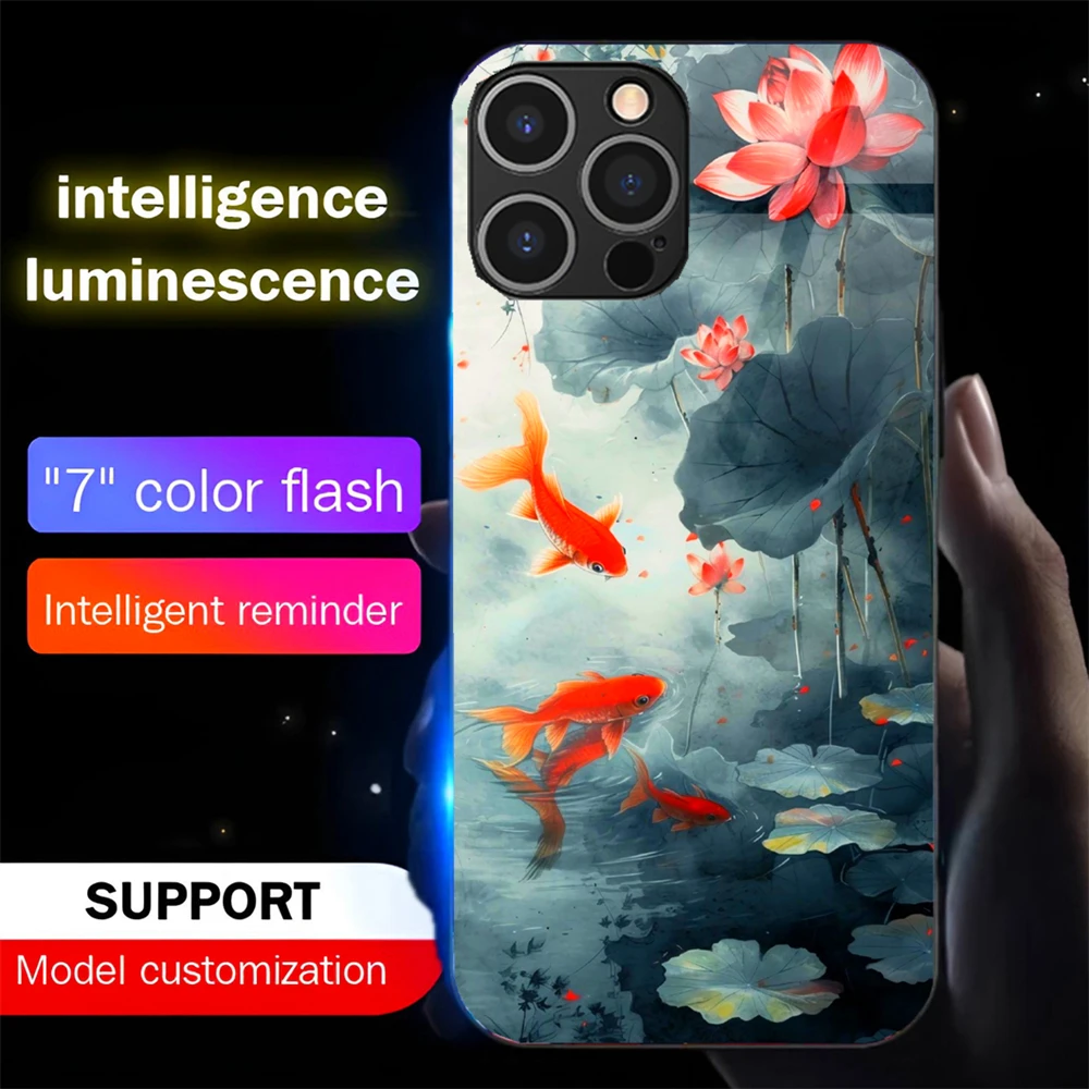 

2025 Lucky Koi Carp Luminous Glass LED Call Light Up Flash Phone Case Cover For iPhone 16 E 15 14 13 12 11 Pro Max XR XS Plus