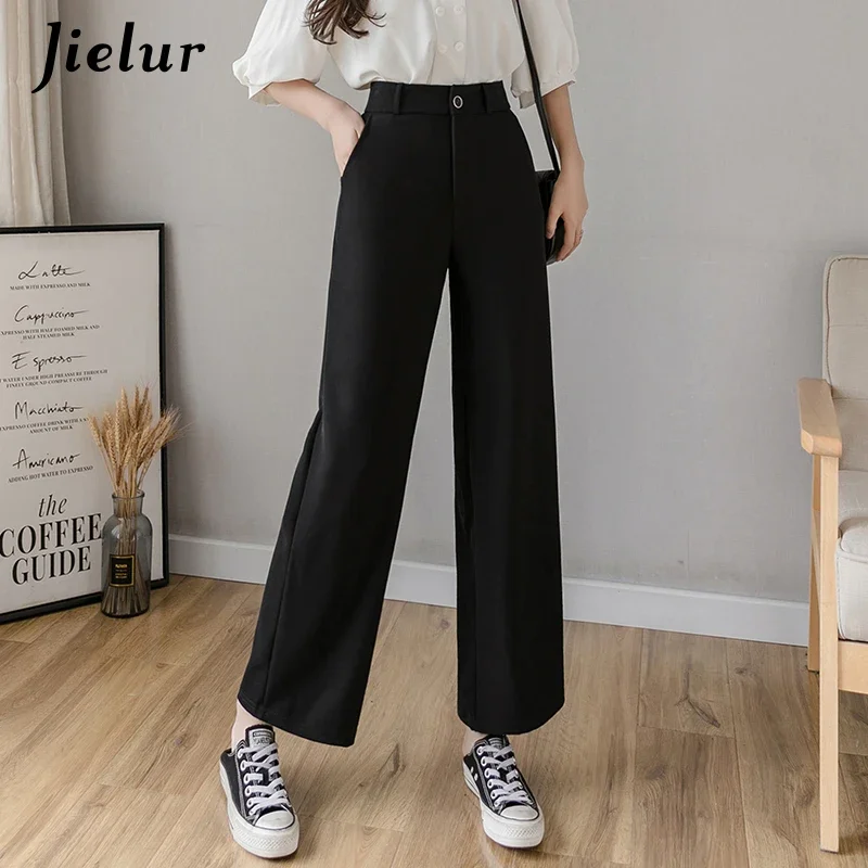 

Jielur Spring Summer Trousers Women Fashion Casual High Waist Wide Leg Pants Female Loose Black Simple Casual Suit Pants S-XXL