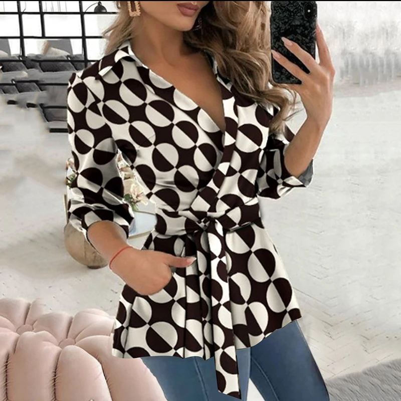 Fashion New Women Blouse Turn Down Collar Long Sleeve Higt Waist with Belt Slim Sexy V-Neck Shirt Elegant Office Blouse Female