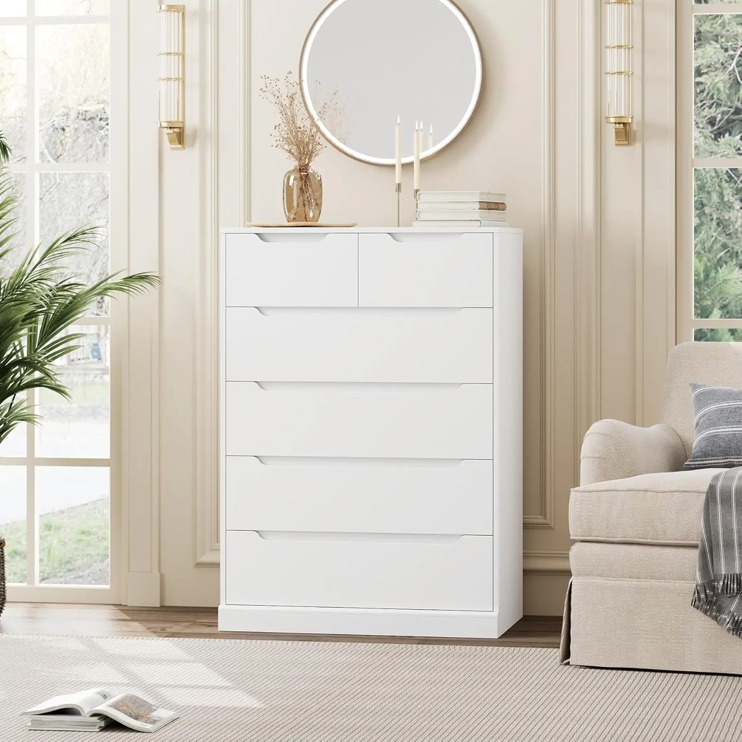 6 Drawer Dresser for Bedroom, Tall Chest of Drawers with Storage, Large Wood Storage Chest Organizer with Cut-Out Handle