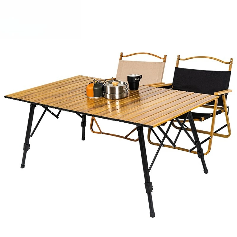 Modern Outdoor Portable Wood Grain Roll Camping Table Lightweight Folding with Height Adjustable Metal Materialطاولة قابلة للطي