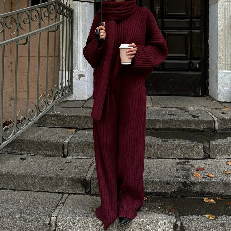 Elegant Burgundy Knitted Suit For Women Long Sleeve Solid Casual Women Coat Pant Suits 2024 Communt New Lady Knit 2 Pieces Suits