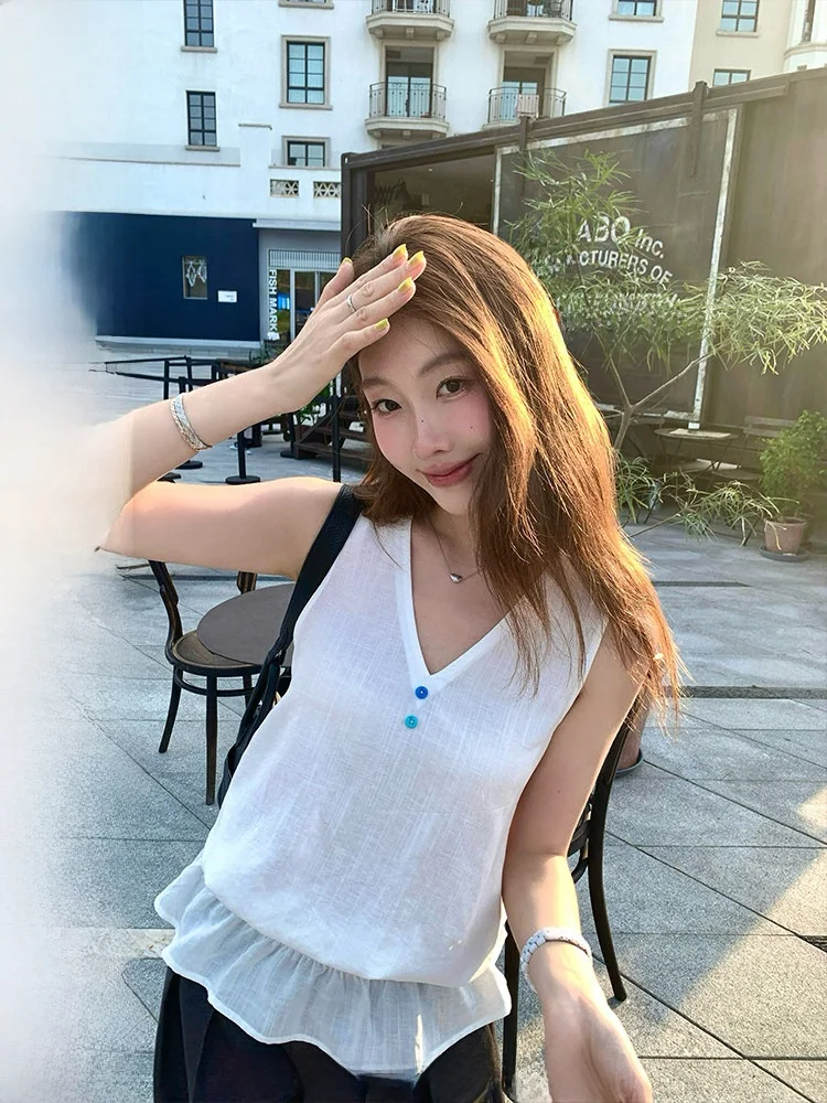 

Ranwear Moonlight Love Letter 70% 30% Linen V-ne Wave Lace Hem Waist-cinching Vest Women's Busin Casual irt