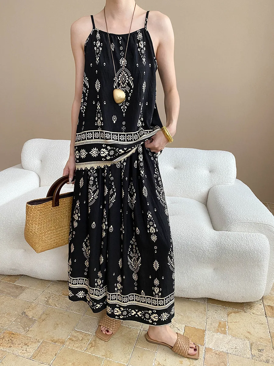 

Bohemian Ethnic Style Printed Suit Women's Camisole Top + Elastic High Waist Skirt Two-piece Set Casual Beach Outfits