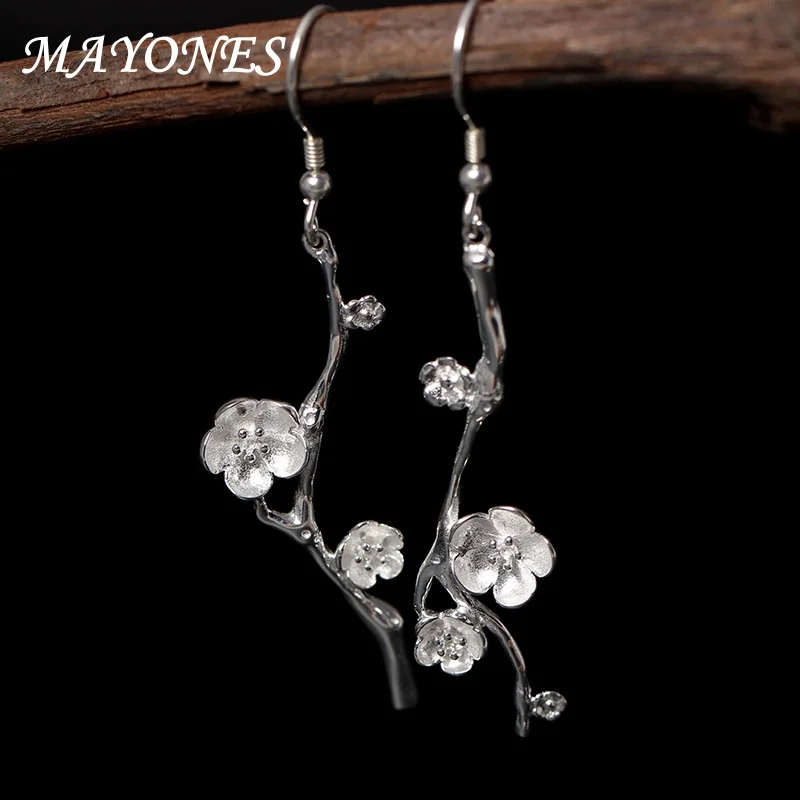 Pendientes de plata S925 asimétricos étnicos de flor de ciruelo, pendientes de longitud media, joyería creativa femenina de rama Chic China