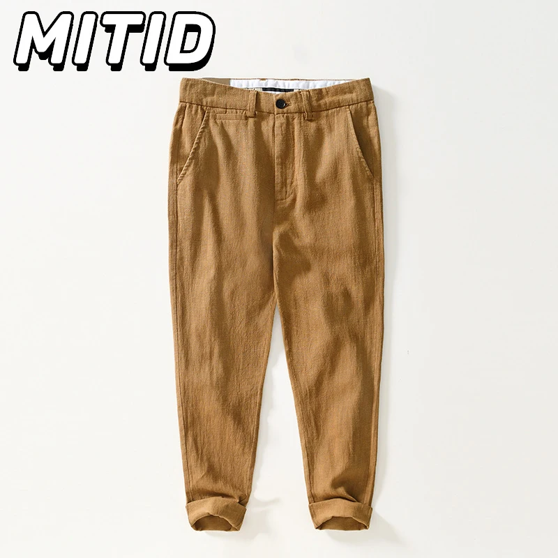 

Японские ретро-брюки из хлопка и льна для мужчин, летние повседневные деловые брюки, слегка эластичные, с прямым кроем, дышащие.