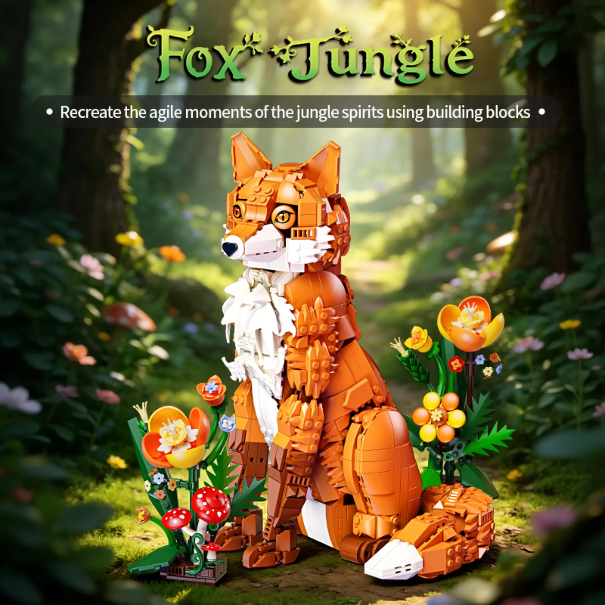 

1558pcs Jungle Fox Building Blocks Set Desktop Ornament MOC Creative Animal Fox with Flower Bricks Model Toys for Adults Gifts