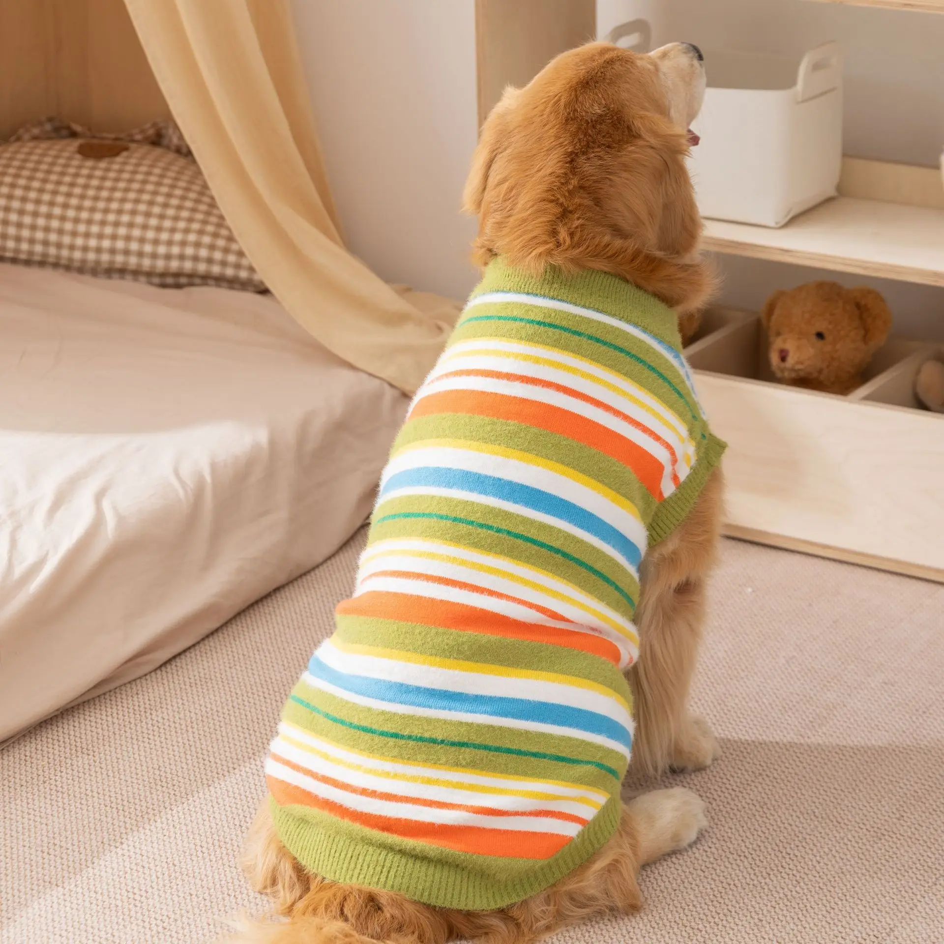 Large Dog Sweater Winter Warm Knit Striped Pullover Sleeveless Two Legs Clothes For Golden Retriever Labrador Husky For Big Dogs