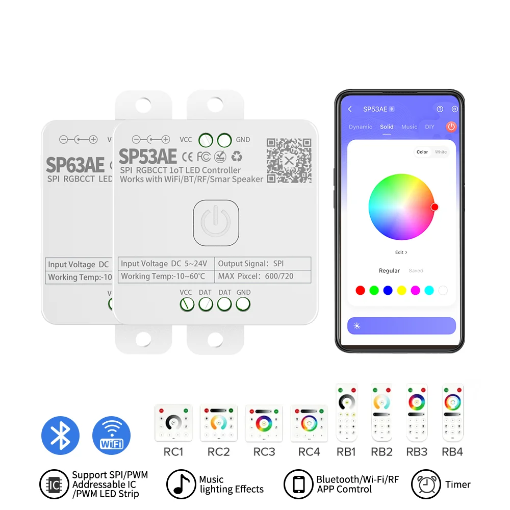 

Bluetooth WiFi dual-mode SP53AE SPI RGBCCT LED Controller SP536E 5CH SPI Single color LED Dimmer for RGB CCT WS2805 LED strip