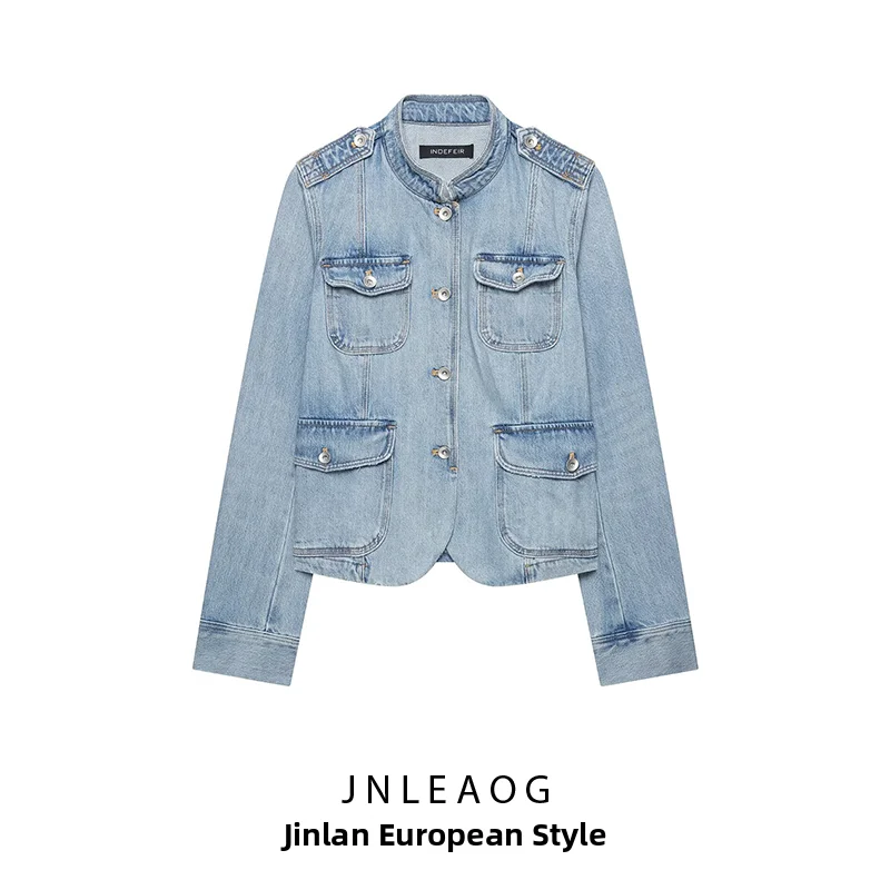 JNLEAOG Summer New Women's Fashion Pocket Decorated Denim Jacket Outerwear Standard Fit Polyester Long Sleeve Regular Length