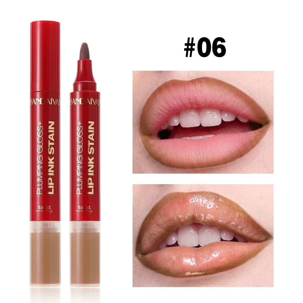 2 in 1 Double-headed Liquid Lip Gloss Pen Lip Contour Liner Oil Lip Glaze Long Lasting Moisturizing Plumping Lips Waterproof
