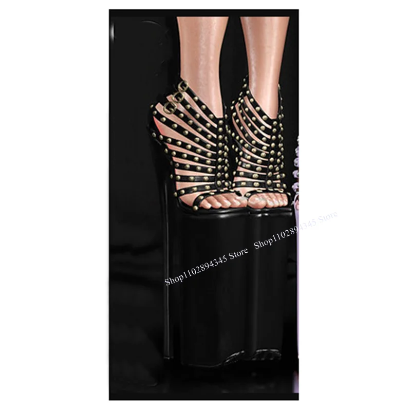

Black Rivet Decor Hollow Platform Sandals Peep Toe Thin High Heel Fashion Cool Sexy Western Summer Woman Shoes Zapatillas Mujer