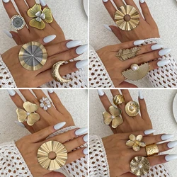 IngeSight.Z Antique Retro Geometric Round Metal Finger Ring Creative Design Striped Flower Ring Women Party Banquet Jewelry