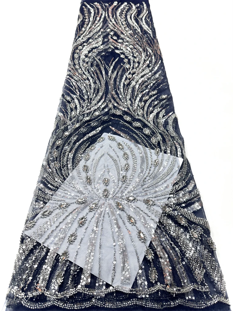 

Luxury Hand Beaded Lace Fabric Bridal Fabric High-end Wedding Fabrics French Nigerian Sequins Beads Embroidered on Tulle 5 Yards