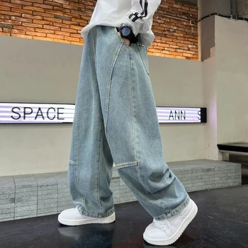 4-12Years Boys Jeans New Wide Straight Leg Denim Pant Children Spring Autumn Big Kids Handsome Cotton Sports Pants 6