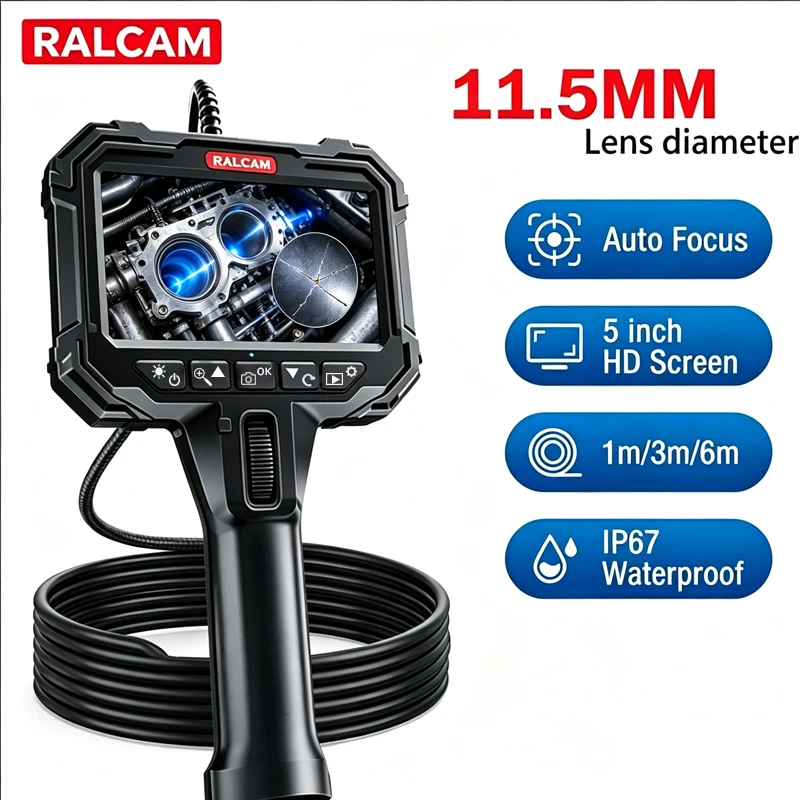 Ralcam Two-Way Articulating Borescope 11.5mm 5-inch IPS inspection endoscope Auto Focus Steering Industrial Endoscope for Pipe