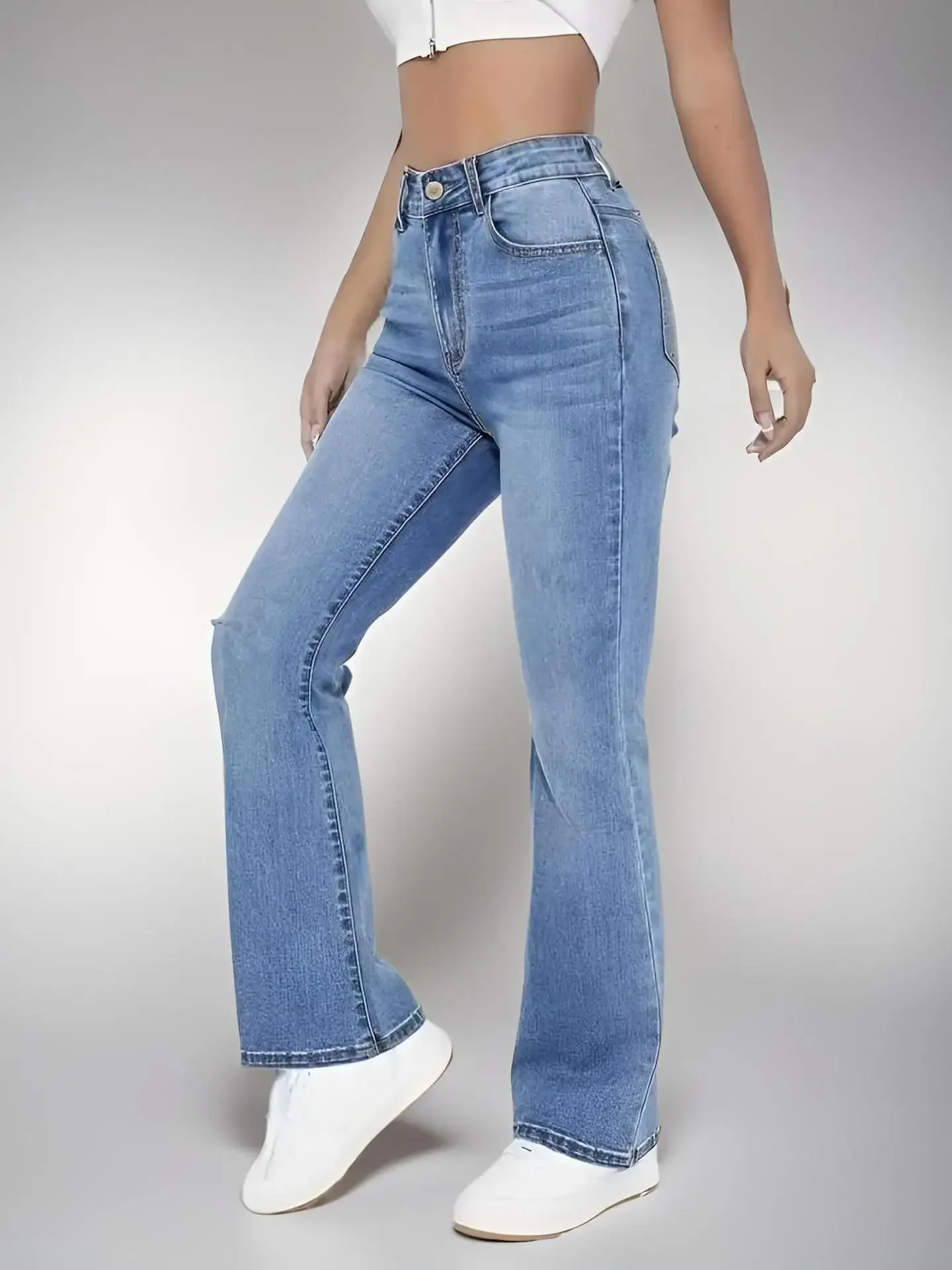 Nouveau femmes épicé fille enveloppé hanche cloche bas pantalon décontracté polyvalent taille haute lavé Denim pantalon pour les femmes
