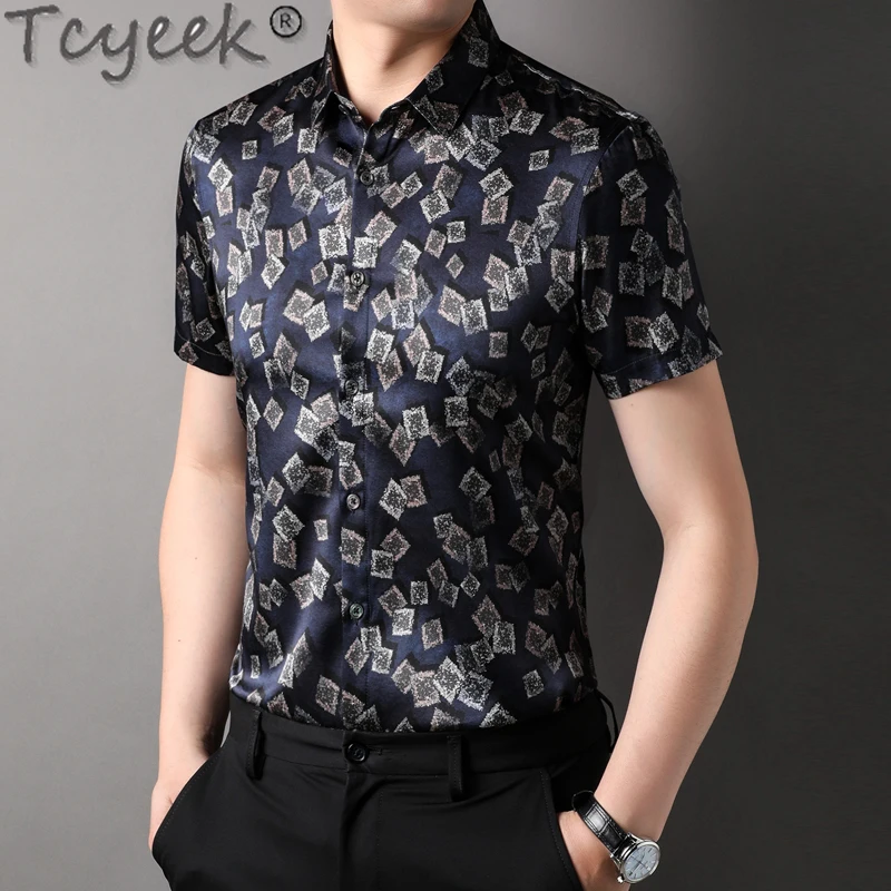 Tcyeek 90.8% Mulberry Silk High-end Shirt for Men Summer Clothes Thin Short Sleeve Top Business Casual Mens Shirts Print 2024