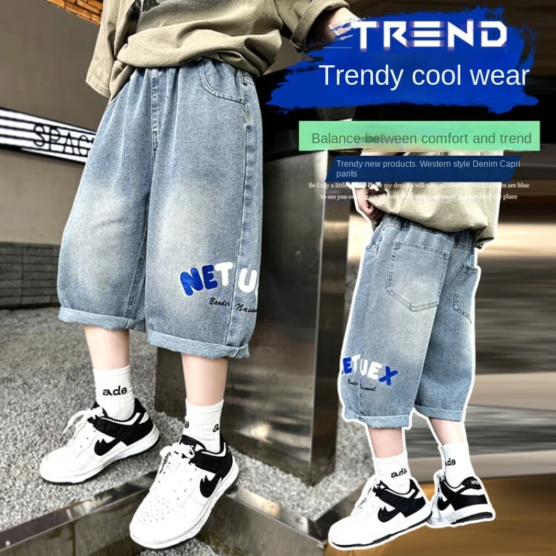 Summer Boys' Denim Shorts Children's Korean casual simple fashion letter Loose Trousers cropped Short Jeans pants Kids Clothes