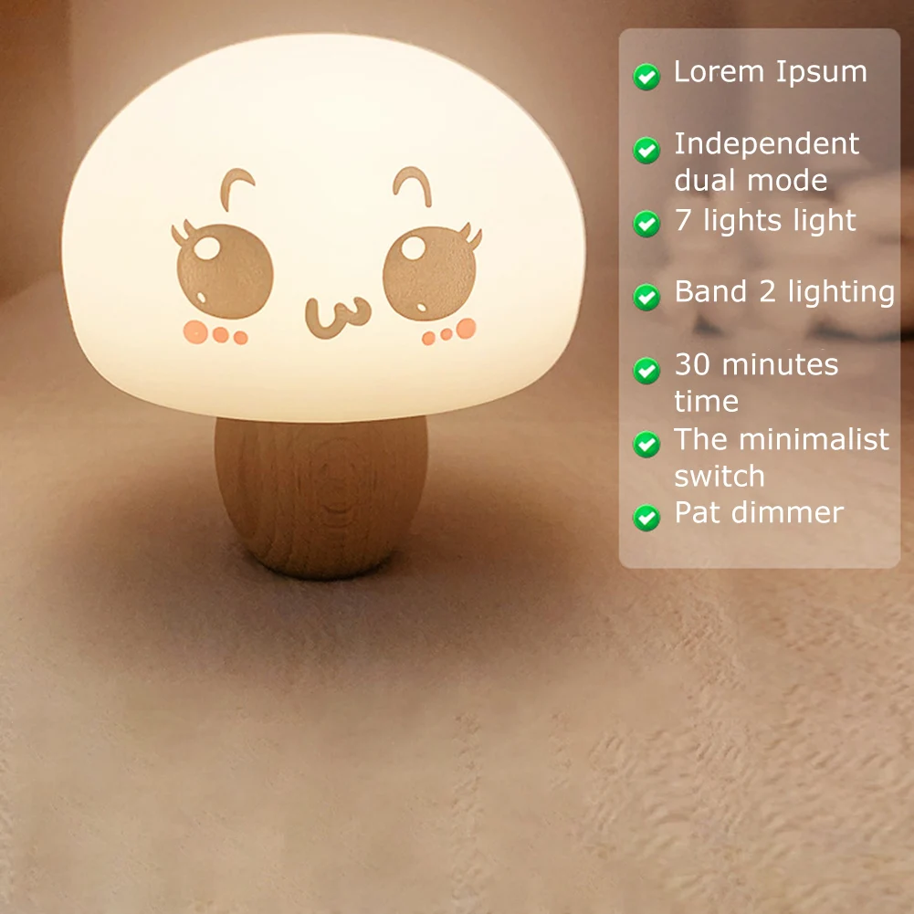 

Wooden Mushroom LED Night Light USB Rechargeable Silicone Touch Color Lamp Timing Table Light for Bedroom Kids Room Decor Gifts