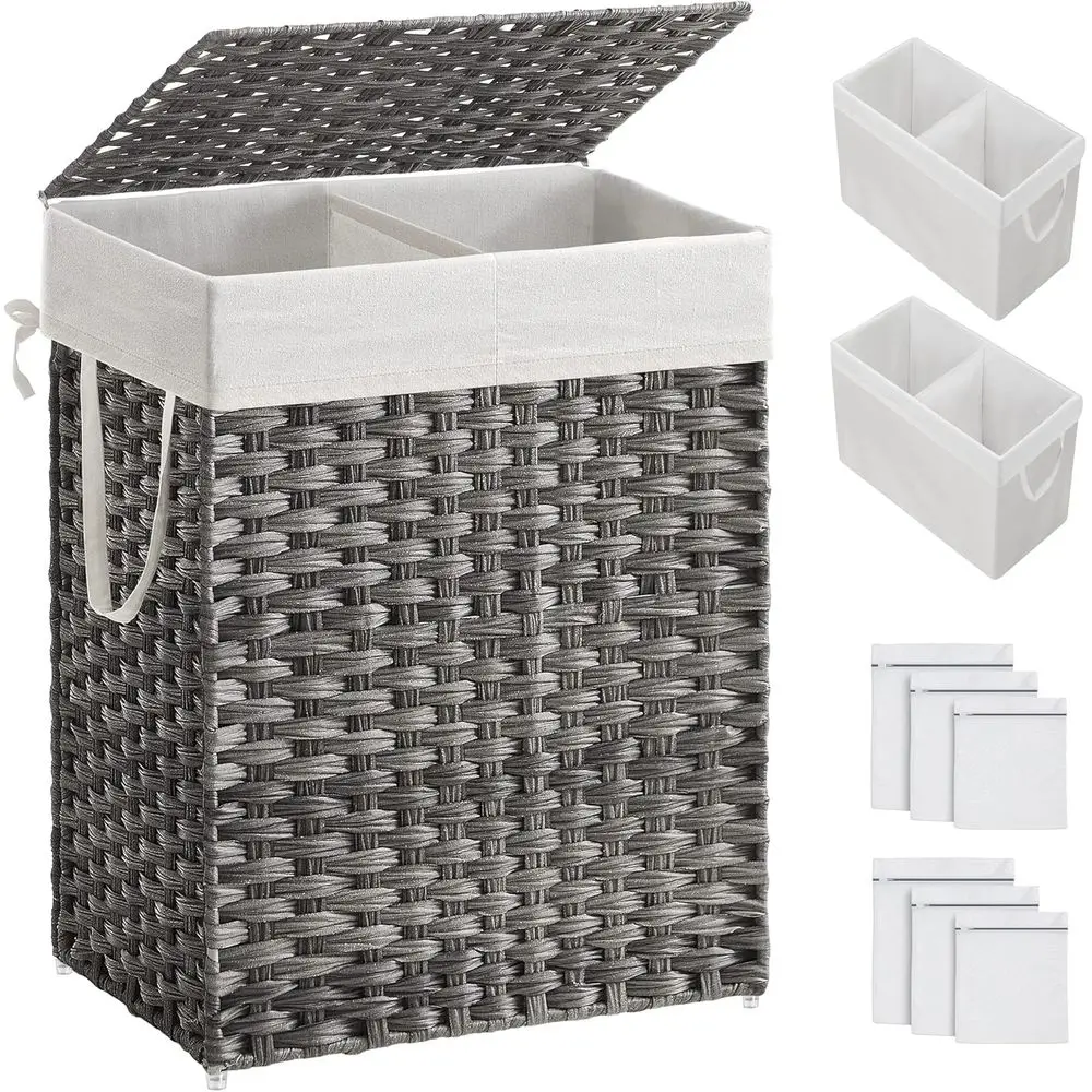 Laundry Hamper with Lid, 90L Clothes Hamper with 2 Removable Liner Bags, 6 Mesh Bags, Wicker Laundry Basket, Double Laundry Hamp