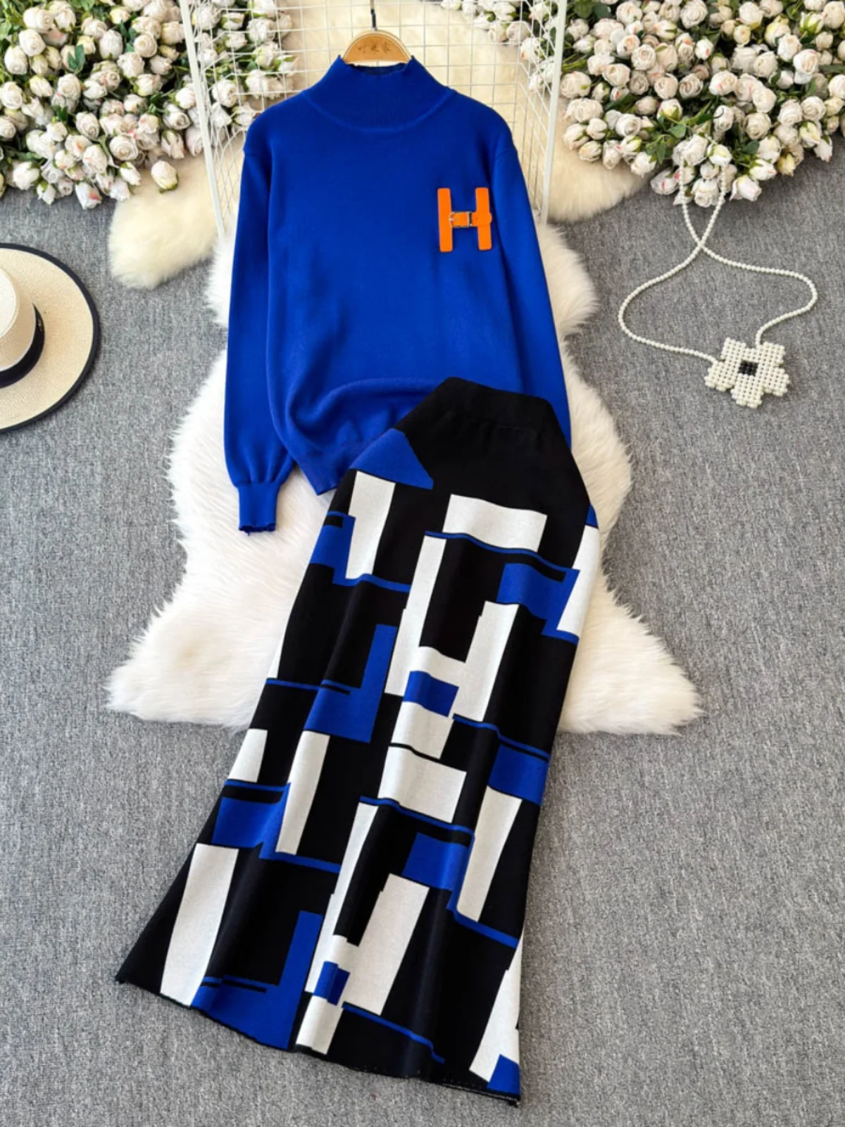 

Ladies Knitted Long Sve Sweater And High Waist Skirt Set Letter Pattern Lazy Sle f High Collar Autumn Faion Outfit