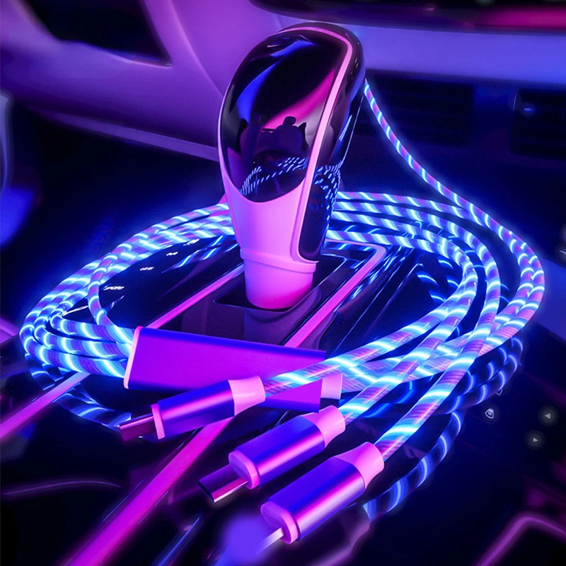 

3in1 LED Flowing Light USB Cable For iPhone 14 13 Pro Max Type C Micro USB High Speed Charger Cord For Samsung Xiaomi Data Wire