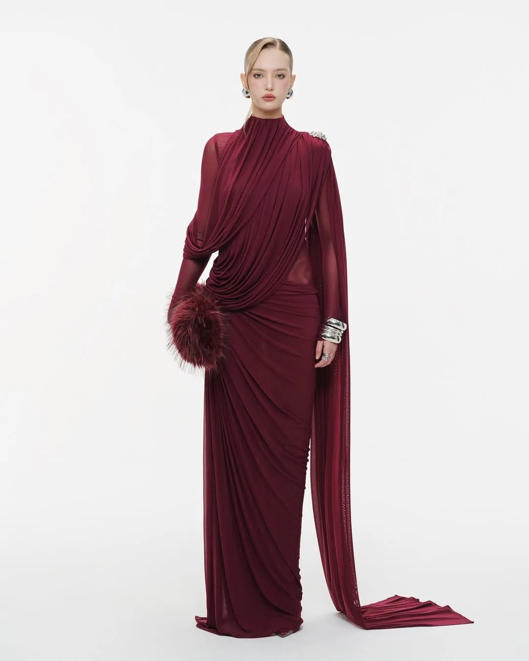 

2026 Women's Sexy Long Sleeve O-Neck Mesh Ruched White Maxi Dress Elegant Evening Outfit for Club Party Celebrity
