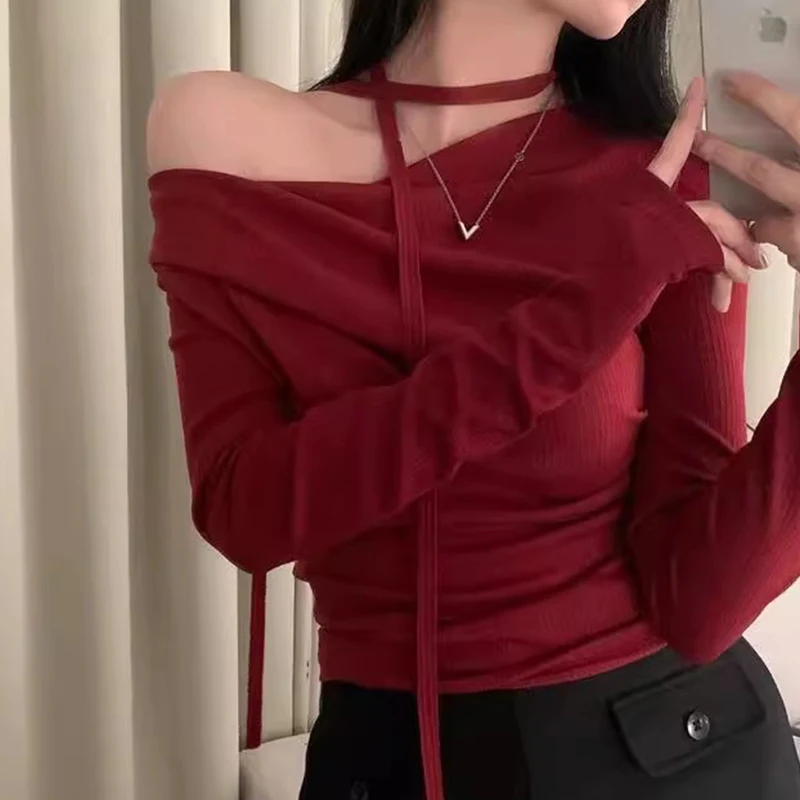 

Шикарный осенний винтажный дизайн, длинный свек, облегающий базовый топ с нерегулярными плечами, корейский женский топ Sle Commute Faion