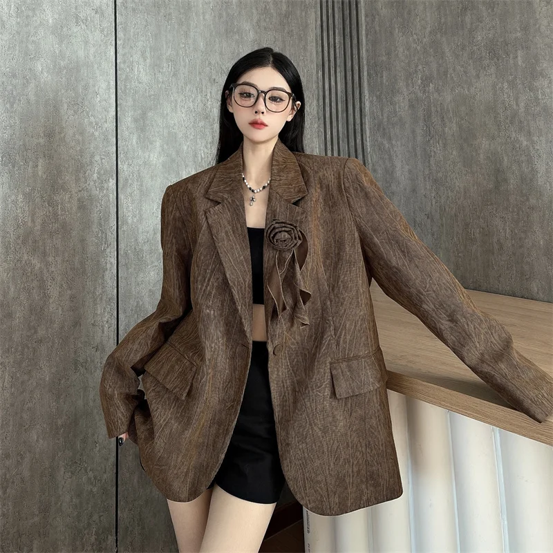 

Vintage Stylish Three-dimensional Flower Loose Suit Jacket Spring Autumn One Buttons Coat Female Oversize Jacket Coat