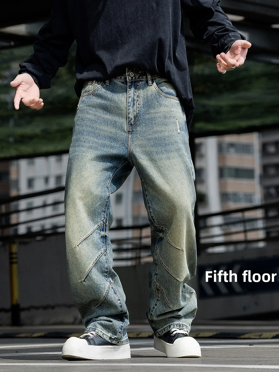 

Retro American Waed Patchwork Men's Jeans Autumn Winter High Street Loose Straight Leg Wide Leg Floor Length Pants