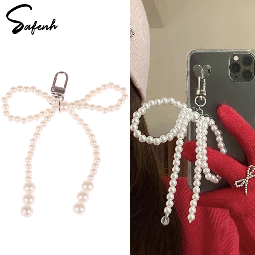 Ins Korean Simpe Pearl Bow Pendant Phone Chain Aesthetic Pendant Key Chains For iPhone 15 Pro Max Girls Accessories Wholesale