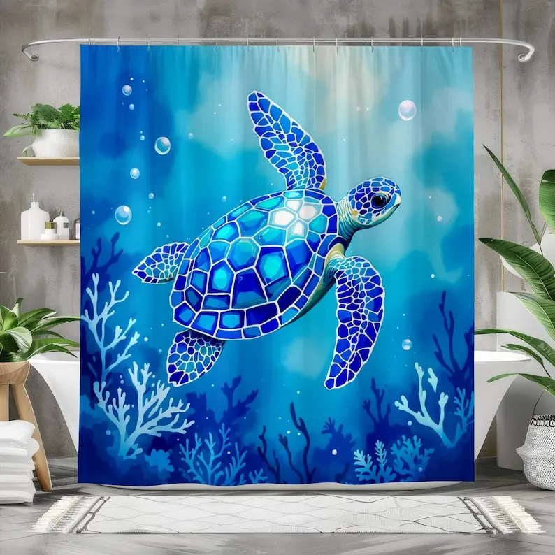 

Blue Sea Turtle Shower Curtain Ocean Bathroom Decor, Coastal Marine Life Bath Curtain, Nautical Sea Turtle Gift Or Beach House