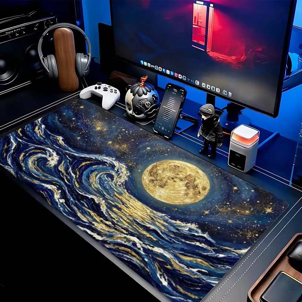 Starry Sky Full Moon Golden Mountain Swirl Wave Van Gogh Art XXL Deskmat Non-Slip Rubber Gaming Mouse Pad Keyboard Mausepad