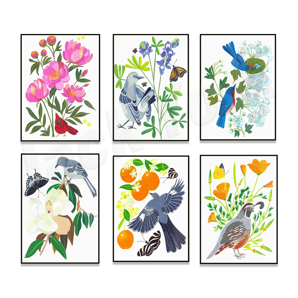 Cardinal and dogwood flower, blue robin and rose flower, robin and cornflower, butterfly, robin and swallowtail butterfly poster